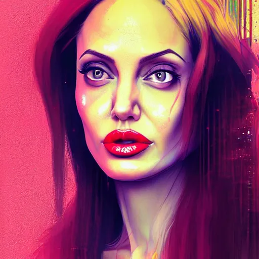 Image similar to a digital painting of angelina jolie in the rain with red and blonde hair, cute - fine - face, pretty face, cyberpunk art by sim sa - jeong, cgsociety, synchromism, detailed painting, glowing neon, digital illustration, perfect face, extremely fine details, realistic shaded lighting, dynamic colorful background