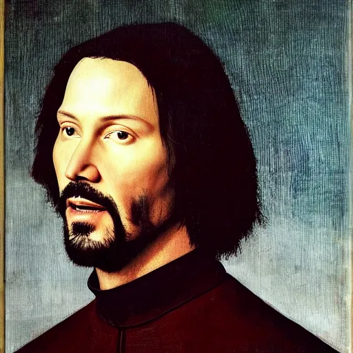 Image similar to portrait of keanu reeves, oil painting by jan van eyck, northern renaissance art, oil on canvas, wet - on - wet technique, realistic, expressive emotions, intricate textures, illusionistic detail