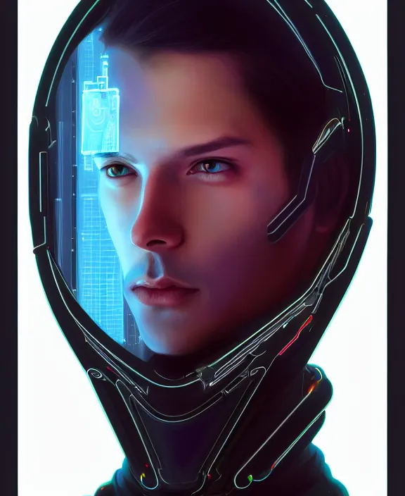 Image similar to a whirlwind inside the metaverse, guy, male, man, science, machine face, futuristic, hologram, half body, neurochip, android, cyberpunk face, by loish, d & d, fantasy, intricate, elegant, highly detailed, colorful, digital painting, artstation, concept art, art by artgerm and greg rutkowski and alphonse mucha