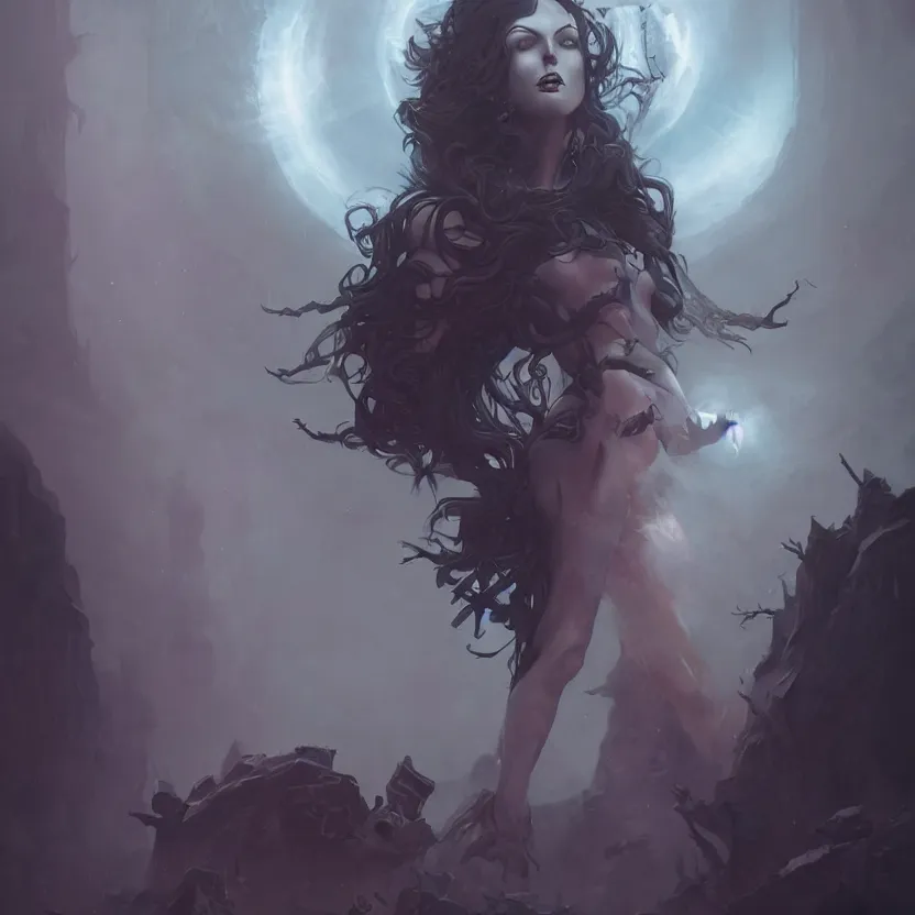 Image similar to stunning Gothic goddess of beauty, mystical, dark and mysterious, atmospheric, ominous, eerie, cinematic, Epic, 8k, 4k, ultra detail, ultra realistic, rendered by Peter Mohrbacher, Artstation, fantasy art