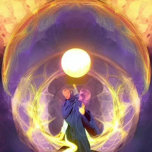 Image similar to a warlock is casting a magic spell, while magic orb is floating in his hand, the magic orb emit a blueish vapour, dynamic pose, chromatic aberration , medium level shot, Mucha style , Grim fantasy, illustration ,concept art,