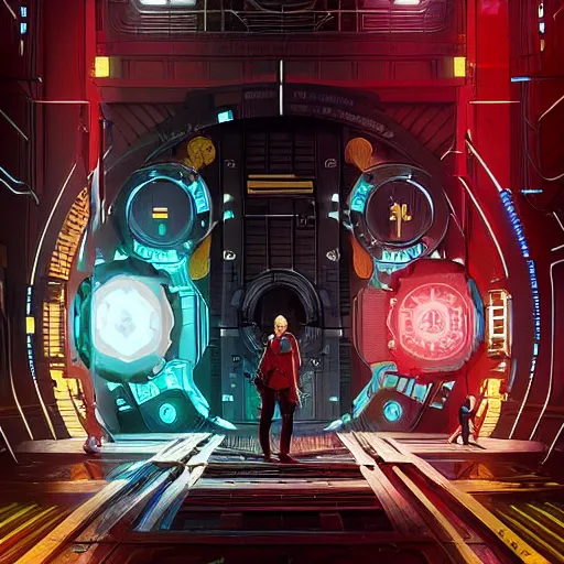 Image similar to giant cyberpunk vault door, imposing, highly detailed digital illustration by greg rutkowski, android netrunner