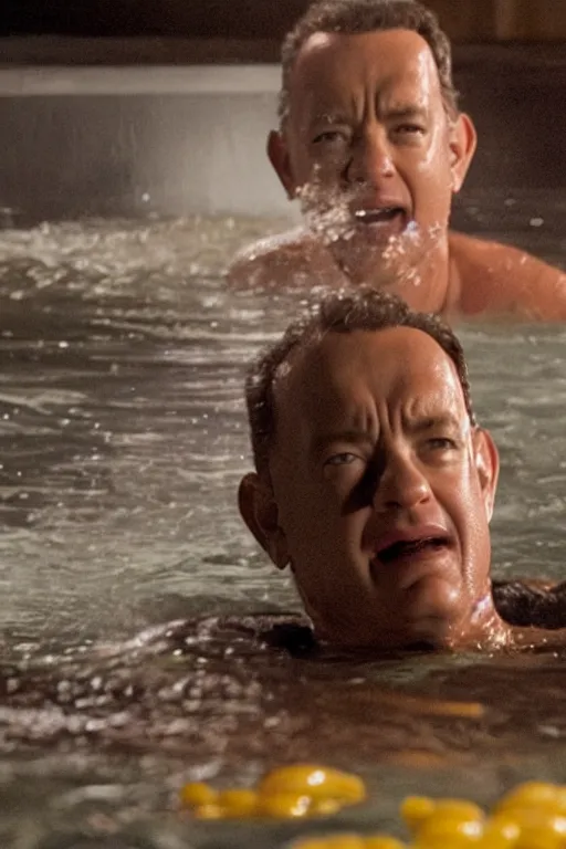 Prompt: tom hanks swimming in a pool of baked beans, realistic, moody grindhouse, dark