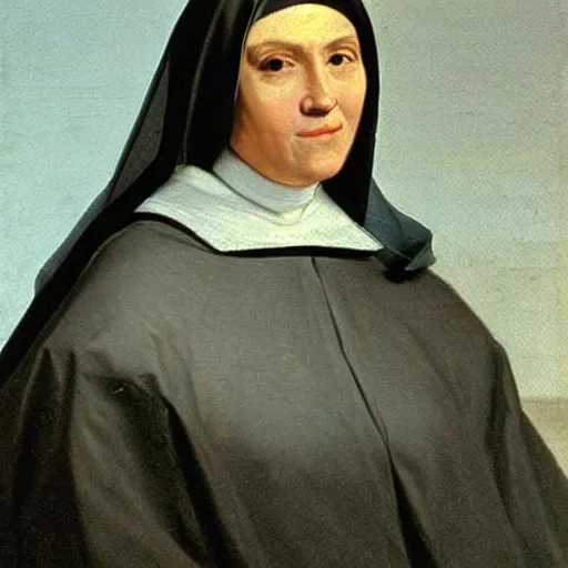 Prompt: a very detailed oil painting of the nun sainte claire wearing clarise habit, half body, by murillo