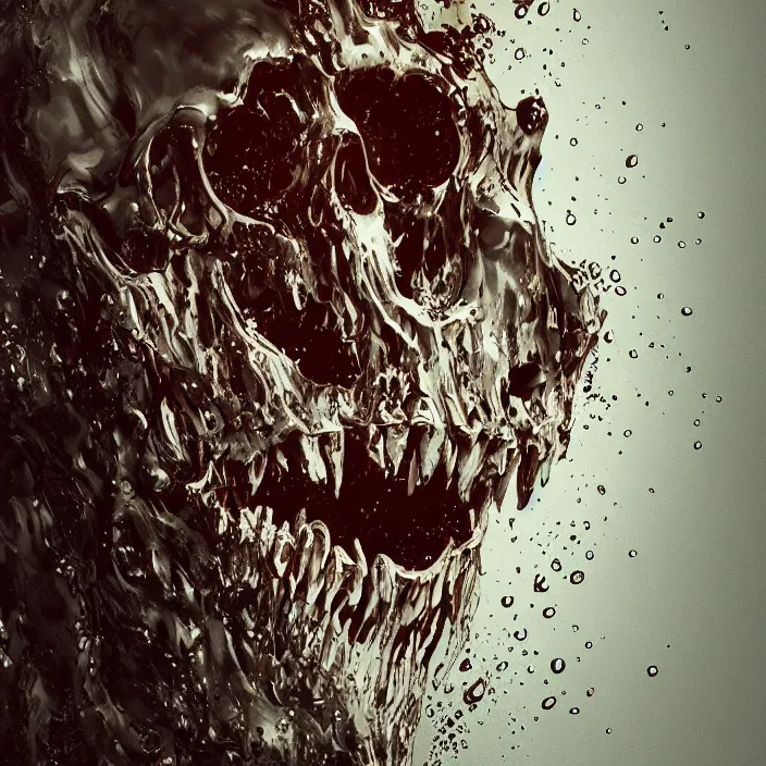 Image similar to portrait of a melting dripping skull. razor sharp teeth. burning water distortions. intricate abstract. intricate artwork. by Tooth Wu, wlop, beeple, dan mumford. octane render, trending on artstation, greg rutkowski very coherent symmetrical artwork. cinematic, hyper realism, high detail, octane render, 8k, depth of field, bokeh. iridescent accents