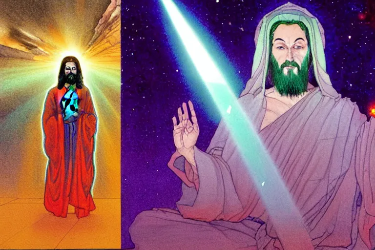 Image similar to a hyperrealist watercolour character concept art portrait of a hologram of space jesus at night in las vegas, nevada. a mysterious cloaked figure in the background. lasers shoot from behind a mountain. buddha hologram. by rebecca guay, michael kaluta, charles vess and jean moebius giraud