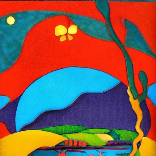 Prompt: A beautiful sculpture of a landscape. It is a stylized and colorful view of an idyllic, dreamlike world with rolling hills, peaceful looking animals, and a flowing river. The scene looks like it could be from another planet, or perhaps a fairy tale. Navajo red by Milton Avery spirited