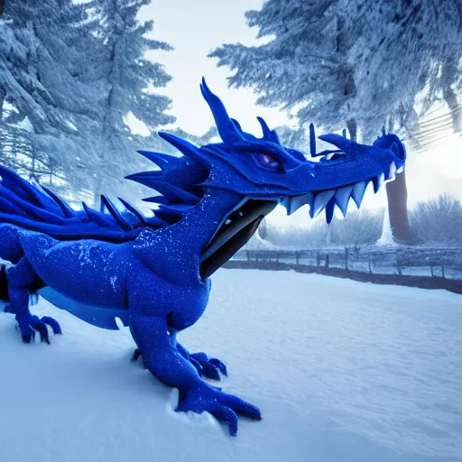 Image similar to a cobalt colored dragon breathing fire during winter, dynamic lighting, volumetric, wide angle, anamorphic lens, go pro, 4k