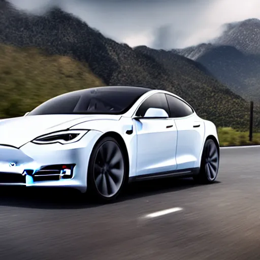 Image similar to 2032 tesla model Q, electric car, centered in frame advertisement, motion blur, commercial, 4k, futuristic, realistic, photography, aesthetic, clean, mountain road, springtime