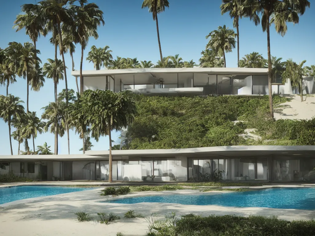 Image similar to “A mid-century stahl house in palm trees by Pierre Koenig, los angeles, trending on artstation, octane render, cgsociety, digital art”