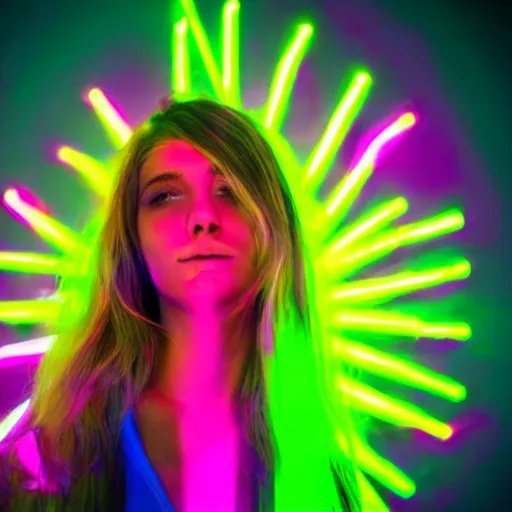 Prompt: a girl glowing with neon colors, high details, photo model