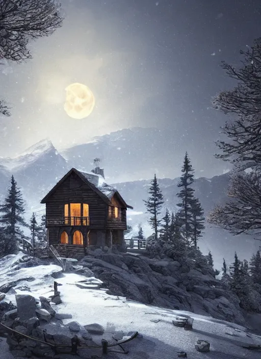 Image similar to a cabin castle on the top of a snowy mountain, crescent moon, greg rutkowski, 8 k, shallow depth of field, intricate detail, concept art,