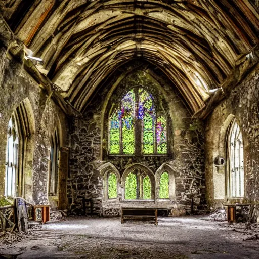 Prompt: a stone and wood church, abandoned and reclaimed by nature, irish church, 8 k photography