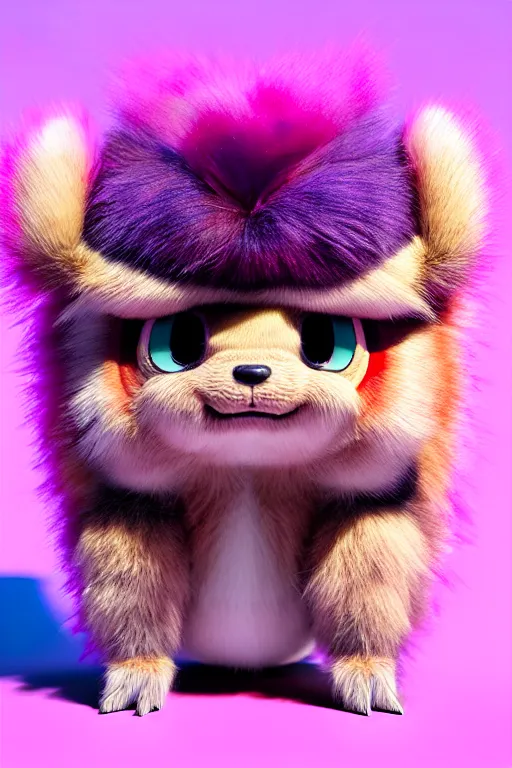 Image similar to high quality 3 d render hyperrealist very cute multicolor stripped fluffy! tarantula cat hybrid highly detailed, vray smooth, in the style of detective pikachu, hannah yata charlie immer, dramatic pink light, low angle, uhd 8 k, sharp focus