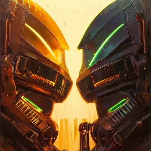 Image similar to the doomslayer as a realistic scifi cyberpunk knight, closeup portrait art by donato giancola and greg rutkowski, vintage retro scifi, realistic face, digital art, trending on artstation, glowing energy shield, symmetry!!!