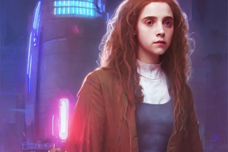 Image similar to portrait of Hermione Granger in cyberpunk, neon lighting, night city, digital art from artstation by Ruan Jia and Mandy Jurgens and Artgerm and william-adolphe bouguereau and Greg Rutkowski and Wayne Barlowe