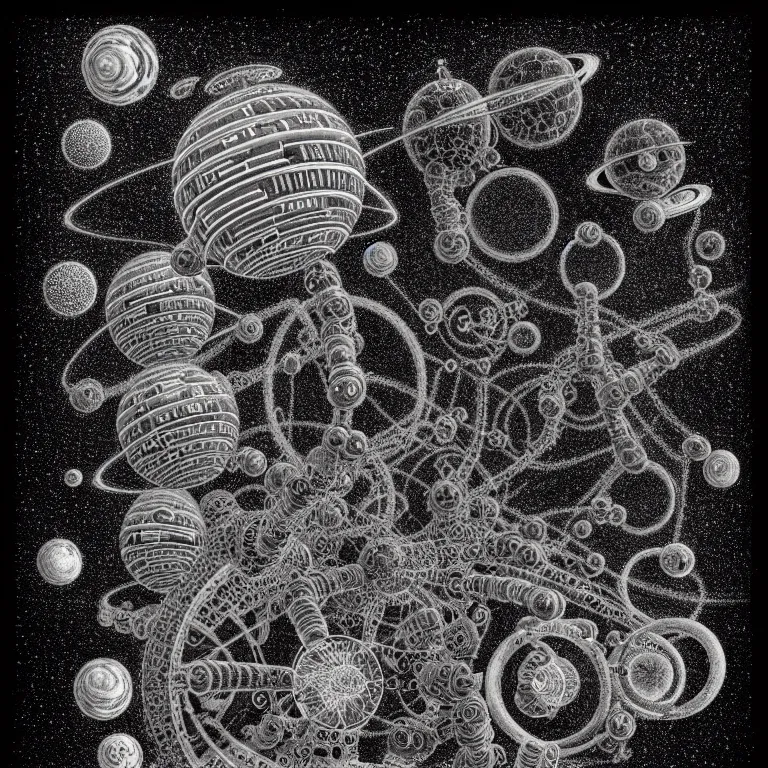 Image similar to ! dream a black and white drawing of a space station filled with equipment, a microscopic photo by ernst haeckel, zbrush central, kinetic pointillism, bioluminescence, intricate patterns, photoillustration