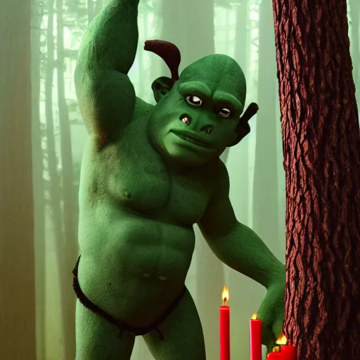 Prompt: a giant ogre standing tall above the trees holding a green candle in one hand and a red candle in the other