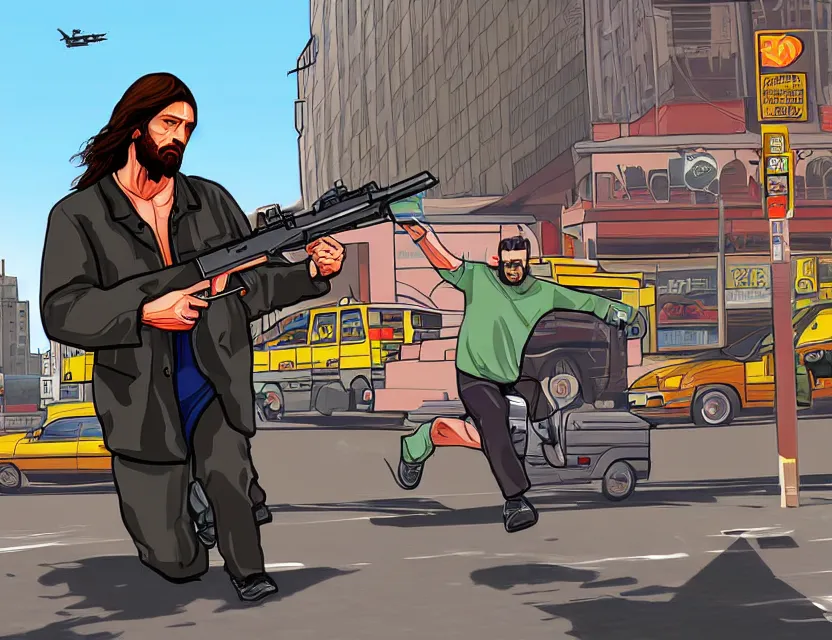 Prompt: illustration of jesus carrying an ak 4 7 in dimes square new york city in the style of gta v artwork, stephen bliss, highly detailed