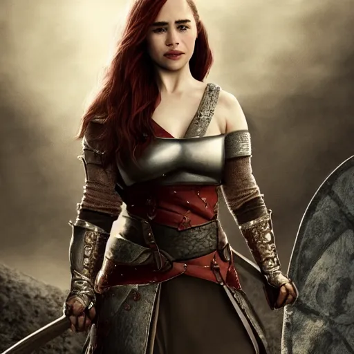 Image similar to emilia clarke, as a medieval fantasy character, with dark reddish hair, wearing light, silver armor and red clothing, tan complexion, holding a longsword, determined expression, noble, cinematic, dark, realistic, digital art, 8 k
