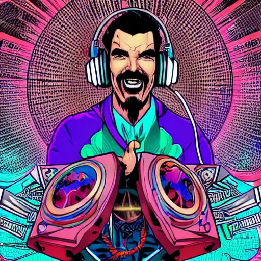 Image similar to artgerm, psychedelic laughing cybertronic dr. strange, rocking out, headphones dj rave, digital artwork, r. crumb, svg vector