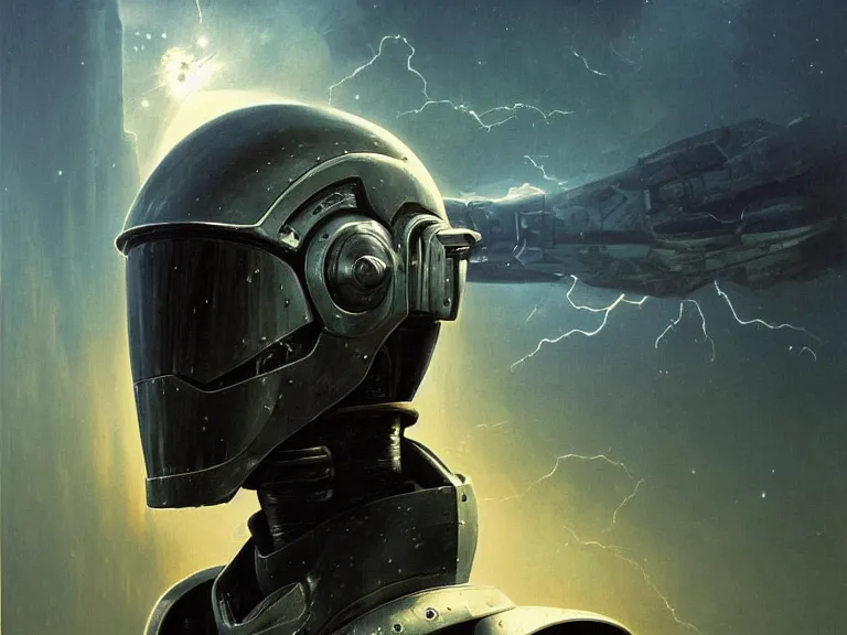 Prompt: a detailed profile oil painting of a bounty hunter in armour and visor, cinematic sci-fi poster. technology flight suit, bounty hunter portrait symmetrical and science fiction theme with lightning, aurora lighting clouds and stars. Clean and minimal design by beksinski carl spitzweg and tuomas korpi. baroque elements. baroque element. intricate artwork by caravaggio. Trending on artstation. 8k