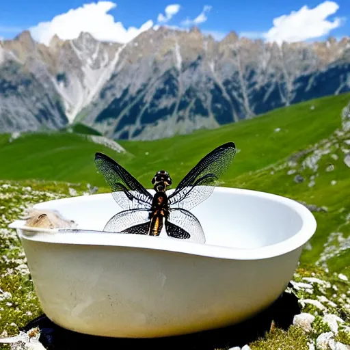 Image similar to dragonfly in a bathtub in the alps, sheep!!! in background