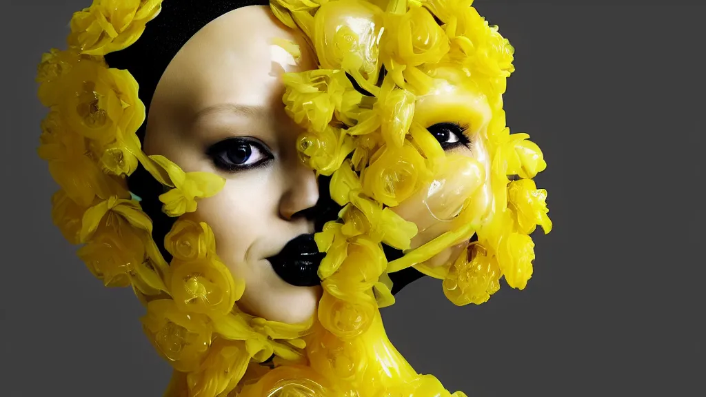 Prompt: symmetrical close - up portrait of a woman wearing a translucent silicone beauty mask and yellow hair, wearing a black bodysuit by alexander mcqueen, plastic translucent flowers, black background, soft diffused light, biotechnology, humanoide robot, bjork aesthetic, translucent, intricate details, highly detailed, masterpiece,