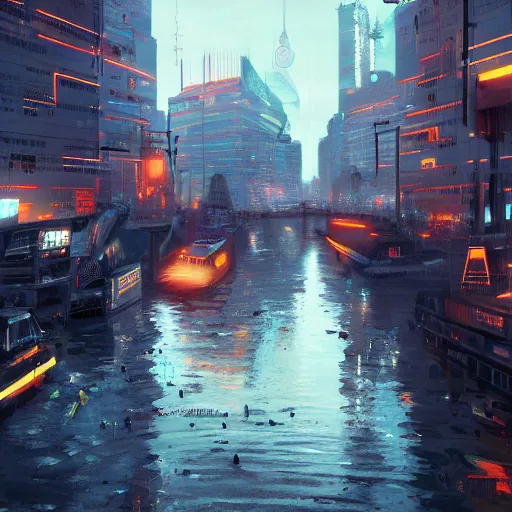 Image similar to Amsterdam in a cyberpunk setting, hyperdetailed, artstation, cgsociety, 8k