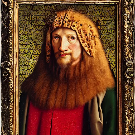 Image similar to portrait of a king with a lions head for a head, oil painting by jan van eyck, northern renaissance art, oil on canvas, wet - on - wet technique, realistic, expressive emotions, intricate textures, illusionistic detail