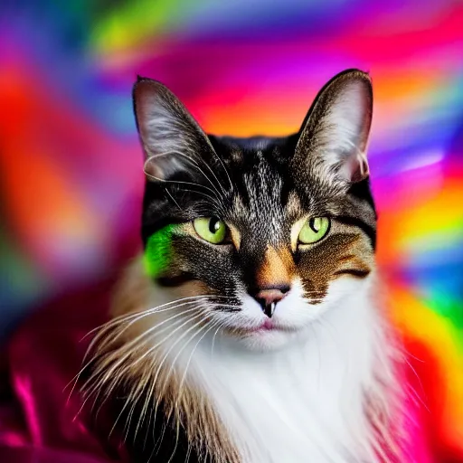 Prompt: a high - quality photo of a cat wearing a sequined designer cloak, hyperrealistic, textured, animal portrait, dark ( ( rainbow ) ), bokeh, f 2. 8