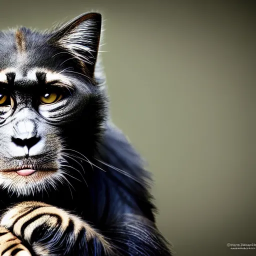 Image similar to a feline cat - chimpanzee - hybrid, animal photography