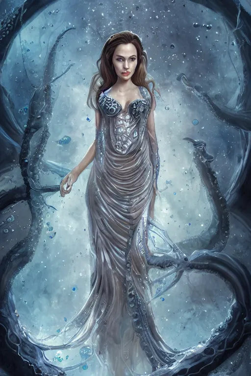 Image similar to young angelina jolie as an octopus witch dressed in intricate silver clothing surrounded by underwater particles above sharks and sea creatures, fantasy, wlop, trending on artstation, deviantart, anime key visual, official media, professional art, 8 k uhd