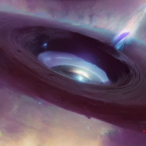 Prompt: a supermassive black hole with a bright accretion disk, beautiful, painterly, Greg Rutkowski Edgar Maxence and Ross Tran, wondrous, religious, space, transcendent