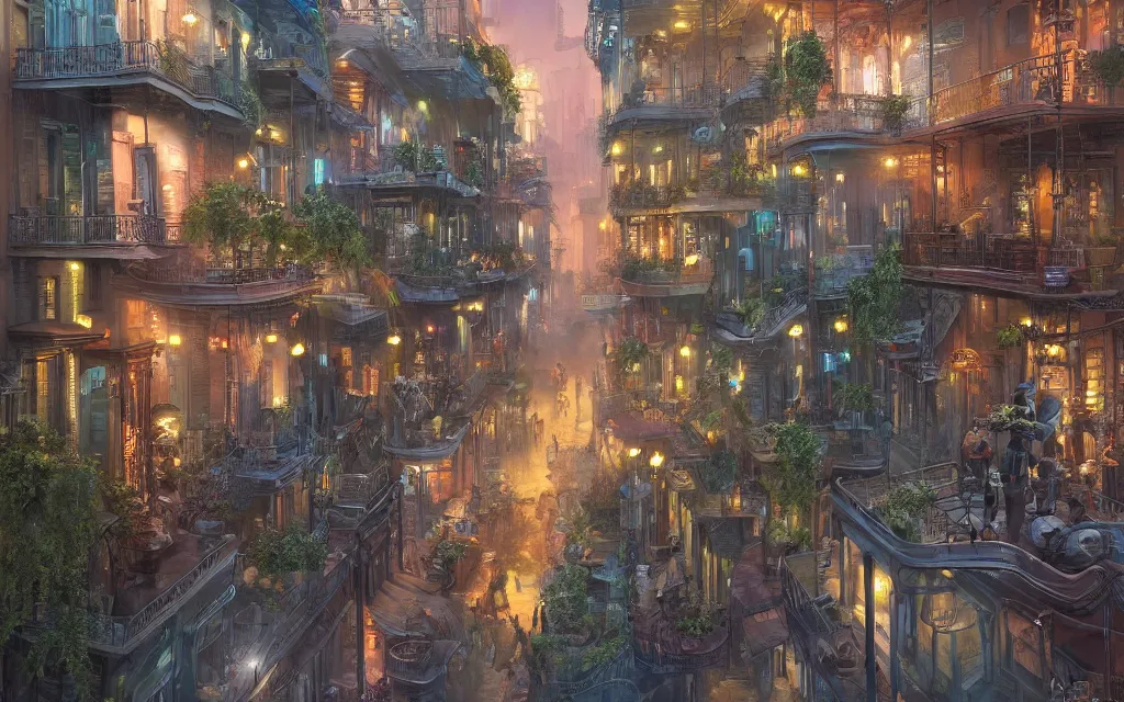 Image similar to a beautiful digital matte painting of futuristic steampunk french quarter, new orleans, by eddie mendoza and david lozeau and franklin booth and laurie greasley, detailed, artstation, plants on balconies, musicians, smooth, 8 k