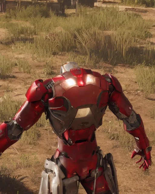 Image similar to robust bulky and sleek iron man suit in red dead redemption 2, cinematic, photorealistic