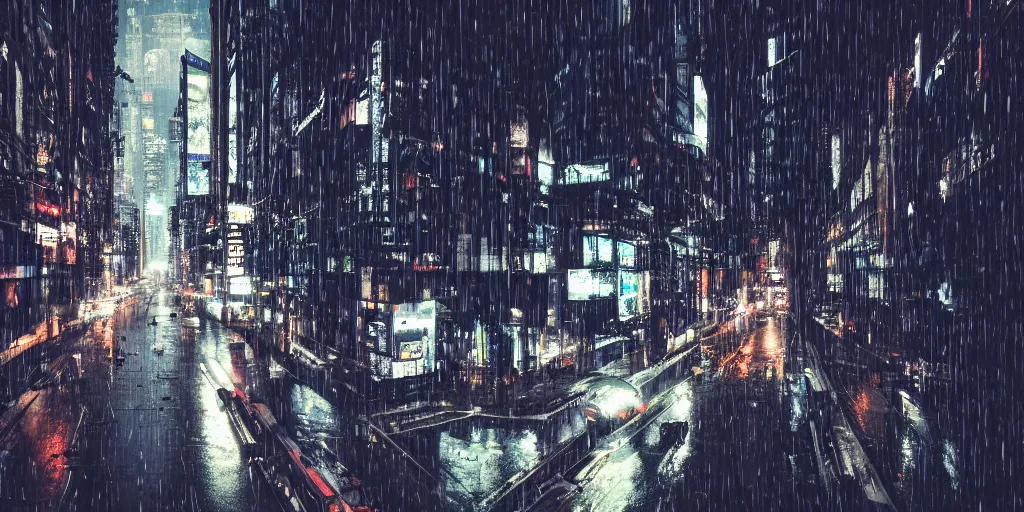 Image similar to a city street at night, raining, photograph, cyberpunk, sharp focus, intricate detail, Desolate, drone shot,