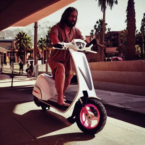 Image similar to photo of jesus riding a scooter in california, high detail, cinematic,