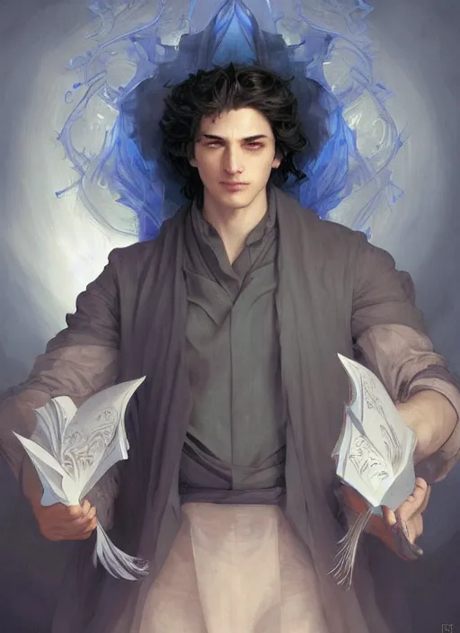 Prompt: character concept portrait of an attractive young sleepy Spanish wizard with blue skin conjuring an ocean spell, a floating iridescent spell book in the center, intricate, elegant, digital painting, concept art, smooth, sharp focus, illustration, from Metal Gear, by Ruan Jia and Mandy Jurgens and William-Adolphe Bouguereau, Artgerm