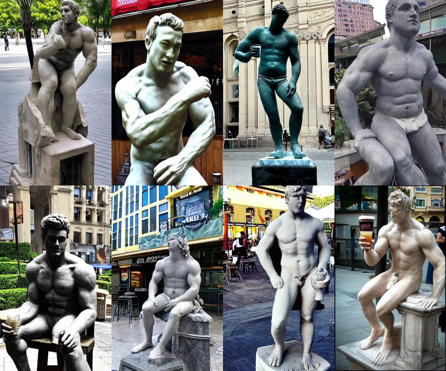 Prompt: “ a marble statue of billy herrington sitting at a bar and drinking a beer, at a city square ”