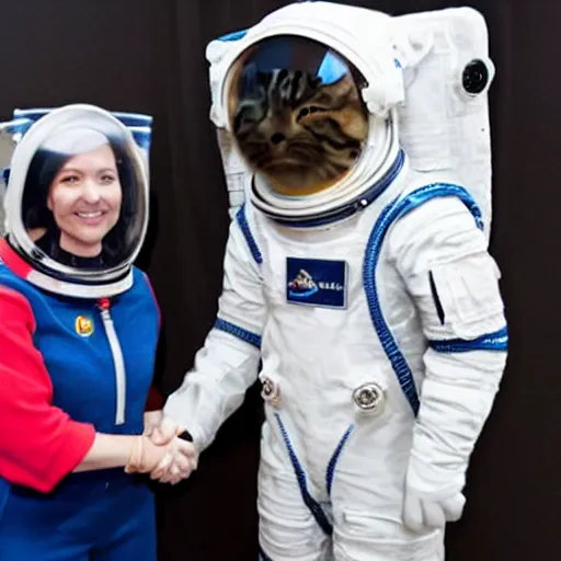 Image similar to cat astronaut shakes the hands with president