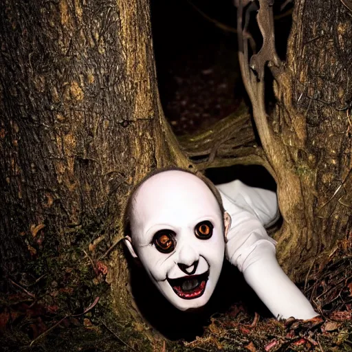 Image similar to hyper realistic horror photo of a pale, wide - eyed vampire crawling from a hole beneath a tree, cinematic, night