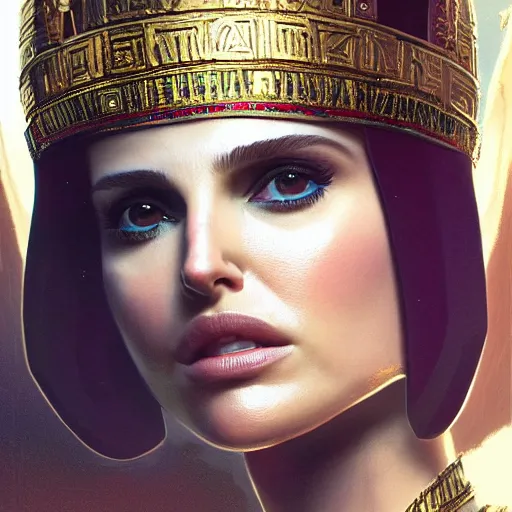 Prompt: closeup portrait of natalie portman as cleopatra, palace background, dramatic light, gorgeous view, depth, high detail, digital art, painted by greg rutkowski and seb mckinnon, neuromancer, trending on artstation