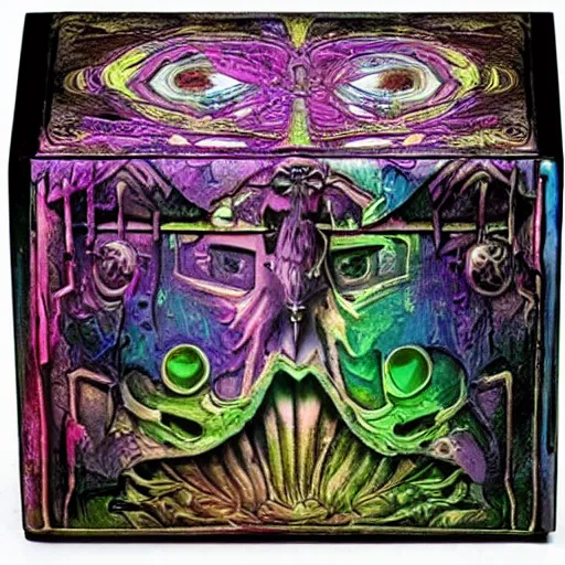 Image similar to haunted ornate ancient sinsister-looking box of ghosts| very detailed and colorful |beautiful eerie surreal psychedelic