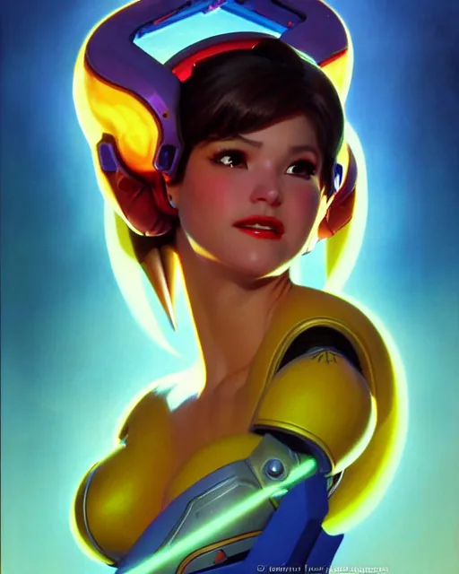 Image similar to d. va from overwatch, character portrait, portrait, close up, vintage fantasy art, vintage sci - fi art, radiant light, caustics, by boris vallejo