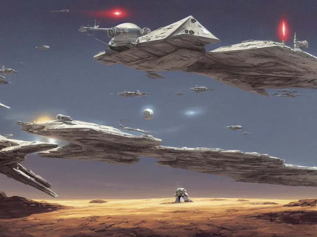 Image similar to conceptual painting of a space cruiser landing on a desolate planet, Star Wars, science fiction, highly detailed, digital painting, artstation, smooth, sharp focus, loose sketch, illustration, art by Ralph McQuarrie and Joe Johnston and Doug Chiang,