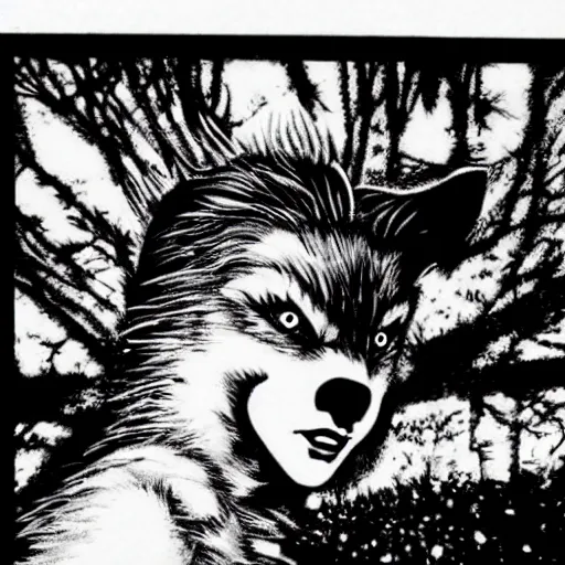 Prompt: cute werewolf female by Daido Moriyama