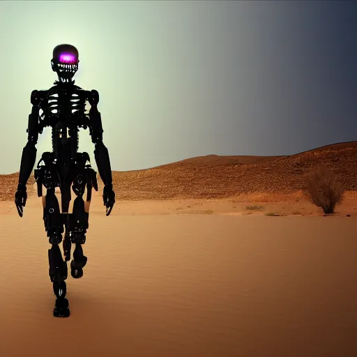 Prompt: a scary cyborg walking in the desert, photorealistic, symmetrical 4k