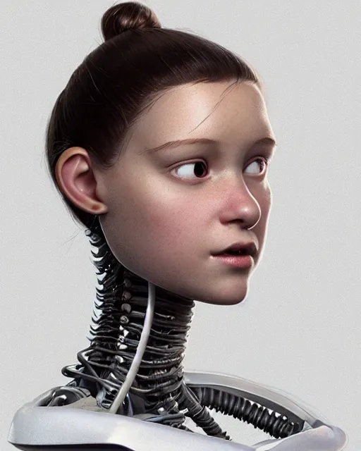 Image similar to weta disney pixar movie still head and torso portrait photo of young millie alicia bobby vikander brown with a white ponytail as thoughtful intricate detailed mechanical white plastic cyborg girl by pixar, by weta, wlop, ilya kuvshinov, rossdraws, artgerm, latex, iridescent, bright morning, anime, liosh, mucha