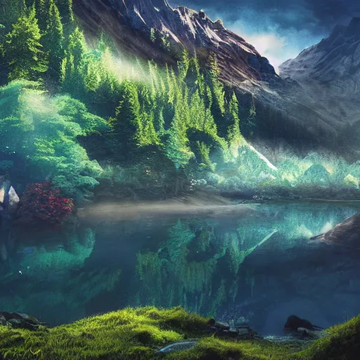 Image similar to an inaccessible alpine lake, beautiful, atmosphere, vibe, mist, rainbow, wet, puddles, fern, flowers, concept art illustration, color page, tone mapping, akihiko yoshida, james jean, andrei riabovitchev, marc simonetti, digital illustration, greg rutowski, volumetric lighting, sunbeams, particles